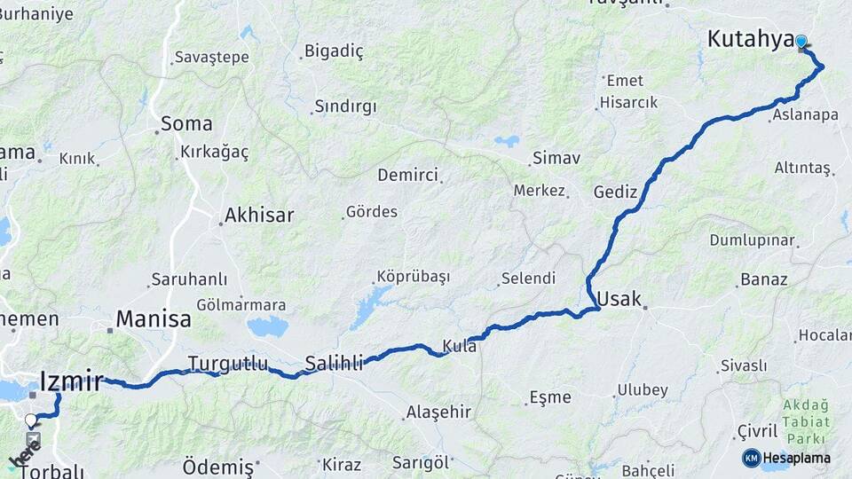 Kütahya Gaziemir İzmir Arası Kaç Km - Yol Haritası