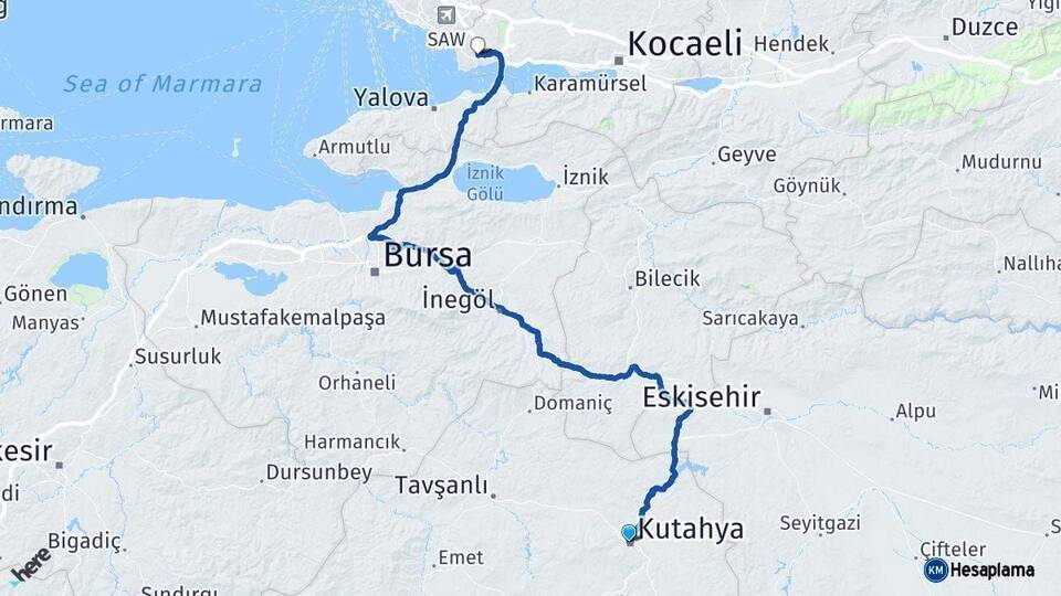 Kütahya Gebze Kocaeli Arası Kaç Km - Yol Haritası