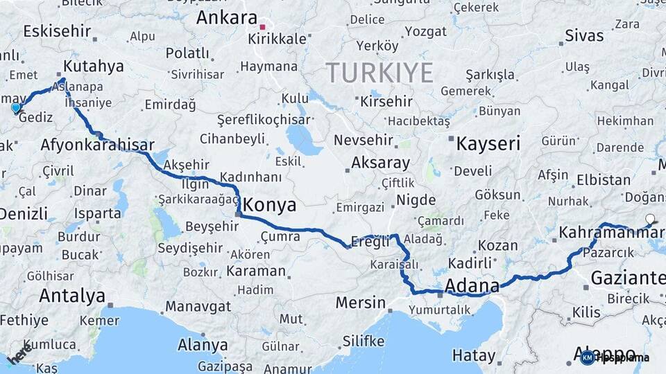 Kütahya Gediz Adıyaman Arası Kaç Km - Yol Haritası