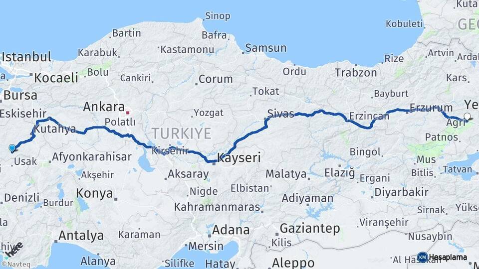 Kütahya Gediz Ağrı Arası Kaç Km - Yol Haritası