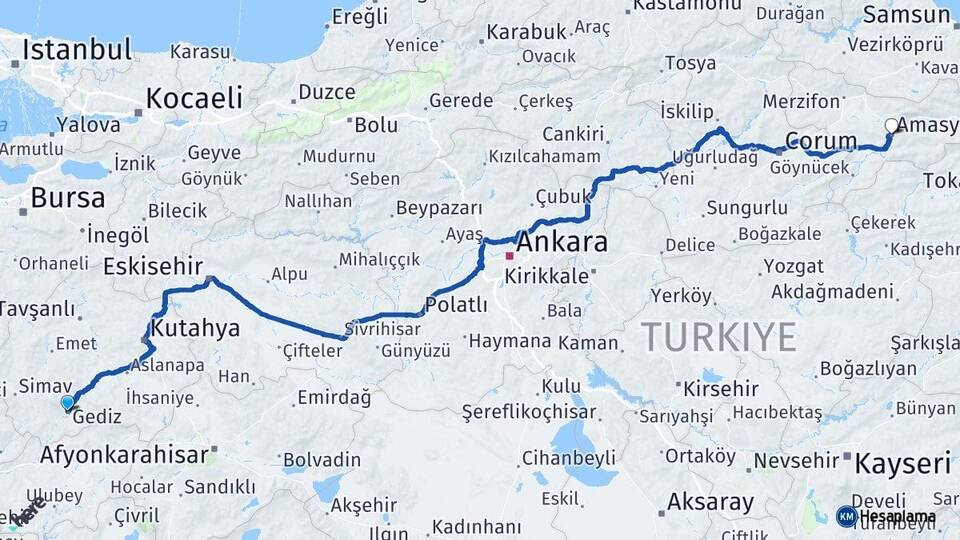 Kütahya Gediz Amasya Arası Kaç Km - Yol Haritası