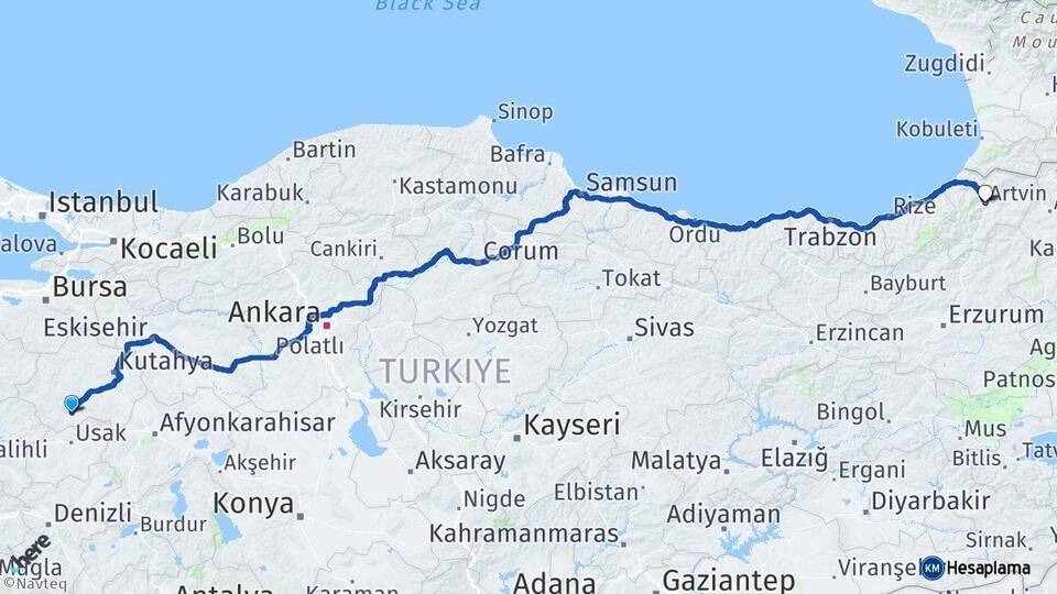 Kütahya Gediz Artvin Arası Kaç Km - Yol Haritası