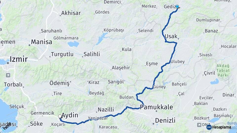 Kütahya Gediz Aydın Arası Kaç Km - Yol Haritası
