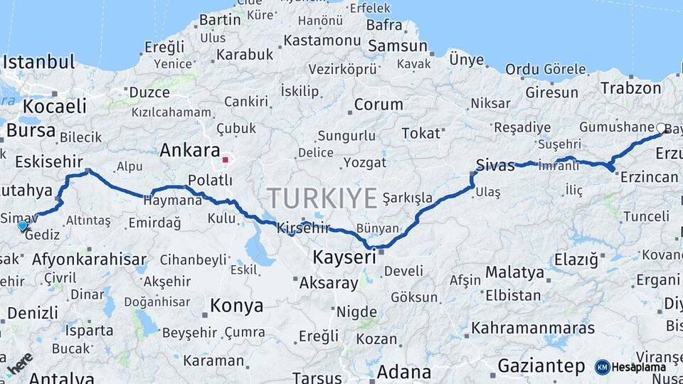 Kütahya Gediz Bayburt Arası Kaç Km - Yol Haritası