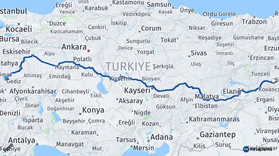 Kütahya Gediz Bingöl Arası Kaç Km - Yol Haritası