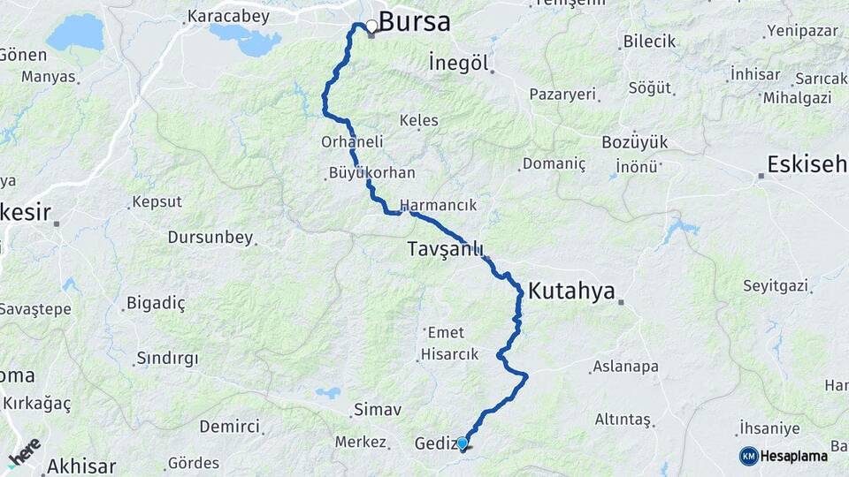 Kütahya Gediz Bursa Arası Kaç Km - Yol Haritası