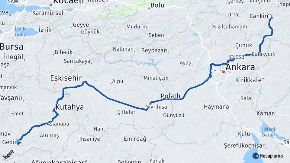 Kütahya Gediz Çankırı Arası Kaç Km - Yol Haritası