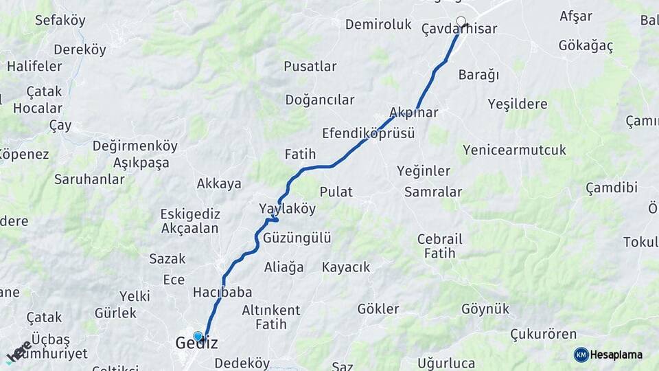 Kütahya Gediz Çavdarhisar Arası Kaç Km - Yol Haritası