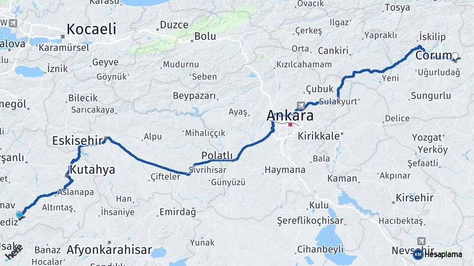 Kütahya Gediz Çorum Arası Kaç Km - Yol Haritası