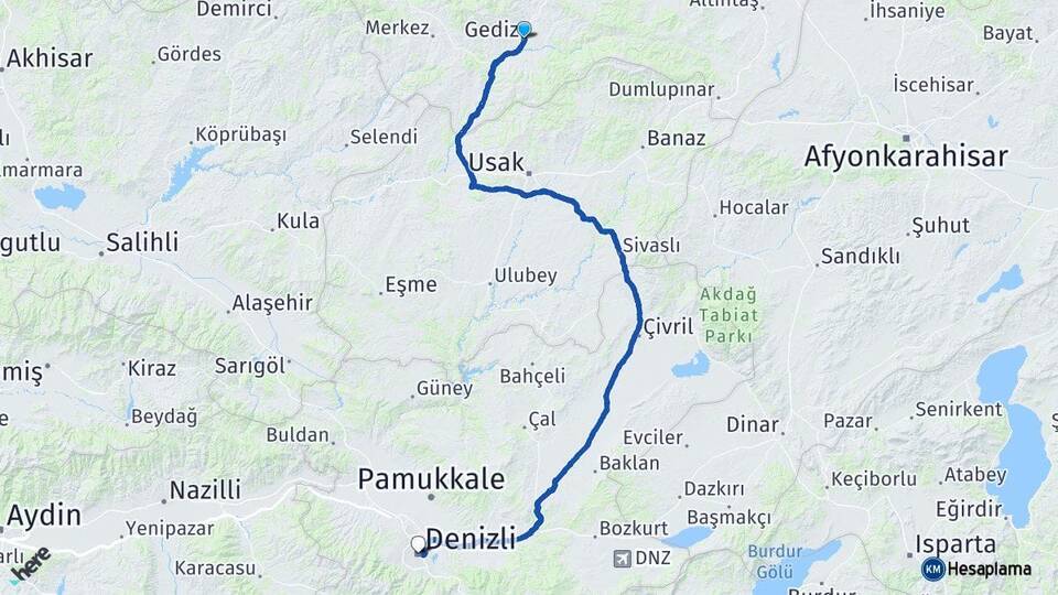 Kütahya Gediz Denizli Arası Kaç Km - Yol Haritası