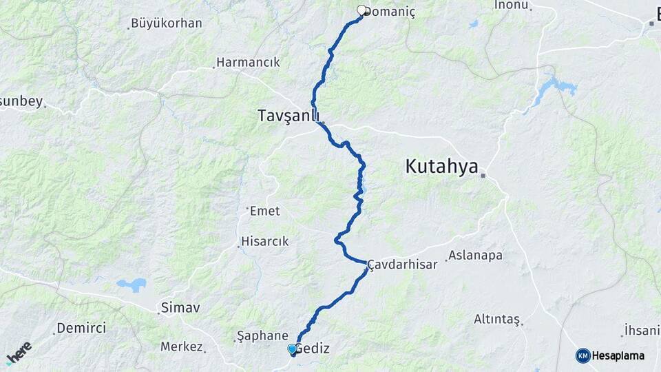 Kütahya Gediz Domaniç Arası Kaç Km - Yol Haritası