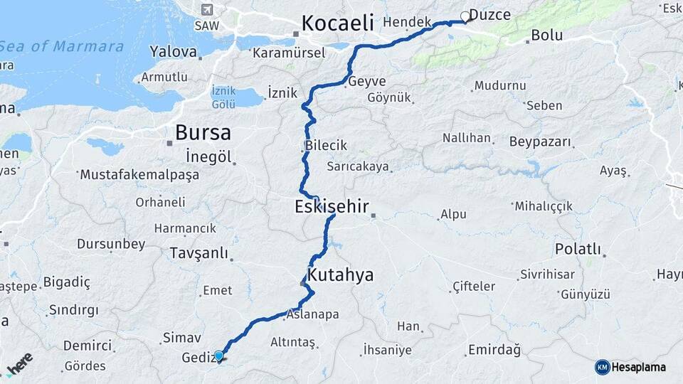Kütahya Gediz Düzce Arası Kaç Km - Yol Haritası