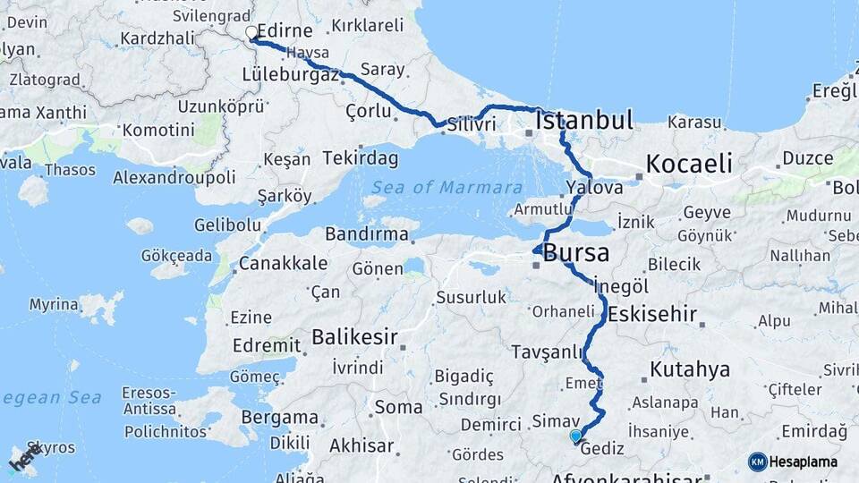 Kütahya Gediz Edirne Arası Kaç Km - Yol Haritası