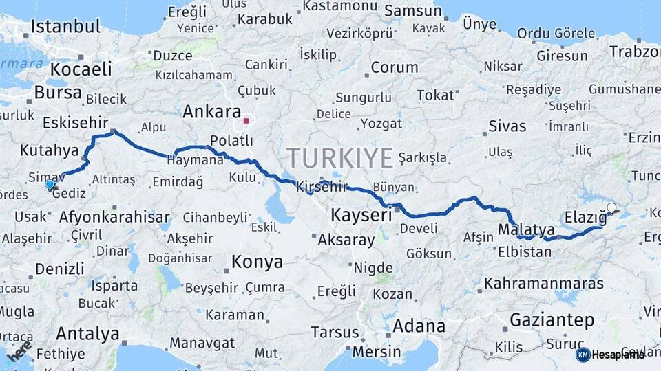 Kütahya Gediz Elazığ Arası Kaç Km - Yol Haritası
