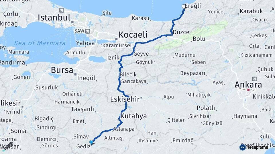 Kütahya Gediz Ereğli Zonguldak Arası Kaç Km - Yol Haritası