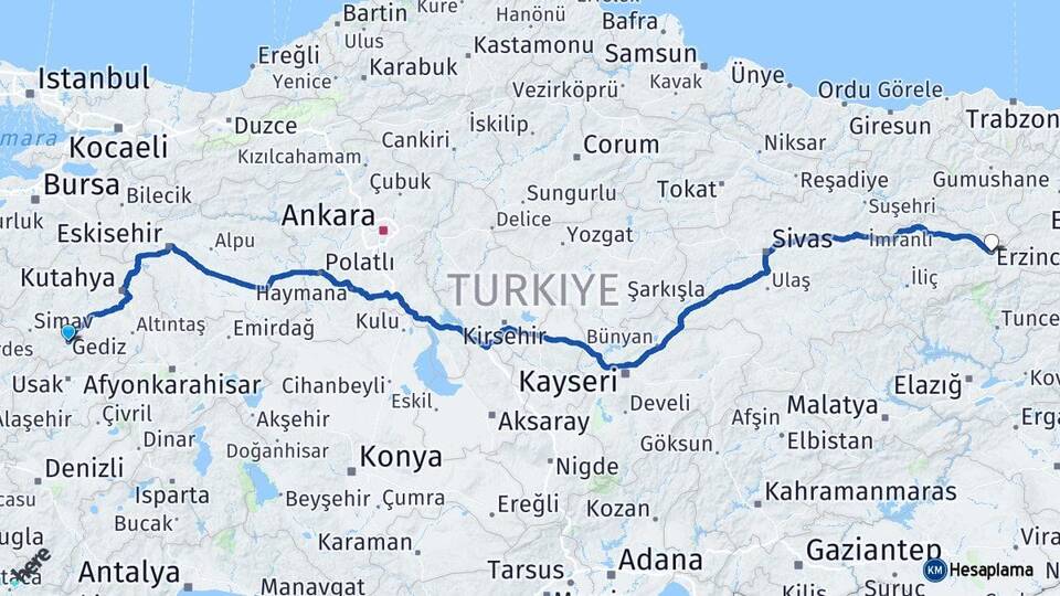 Kütahya Gediz Erzincan Arası Kaç Km - Yol Haritası