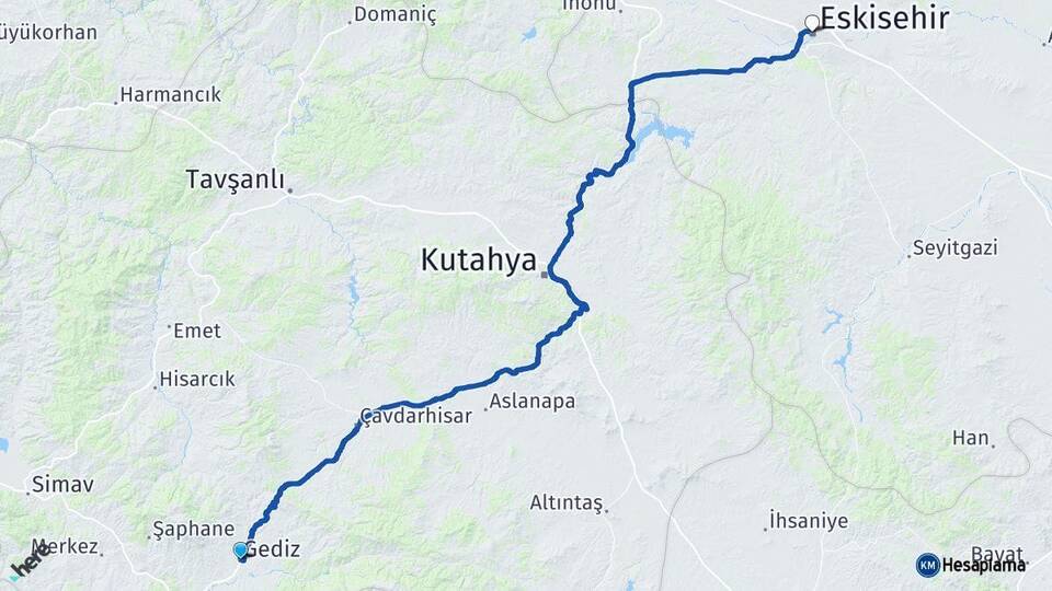 Kütahya Gediz Eskişehir Arası Kaç Km - Yol Haritası