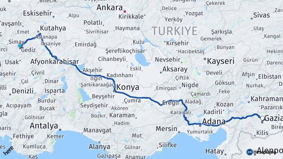 Kütahya Gediz Gaziantep Arası Kaç Km - Yol Haritası