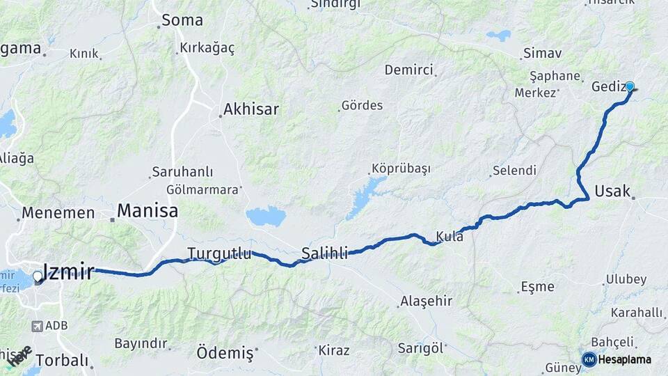 Kütahya Gediz İzmir Arası Kaç Km - Yol Haritası
