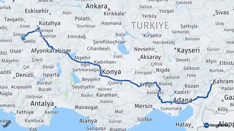 Kütahya Gediz Kahramanmaraş Arası Kaç Km - Yol Haritası