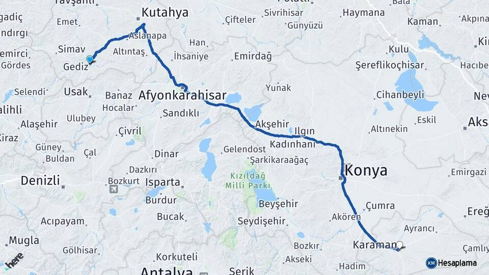 Kütahya Gediz Karaman Arası Kaç Km - Yol Haritası