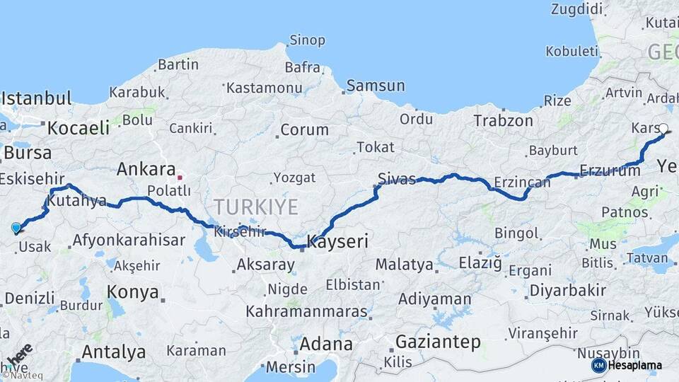 Kütahya Gediz Kars Arası Kaç Km - Yol Haritası