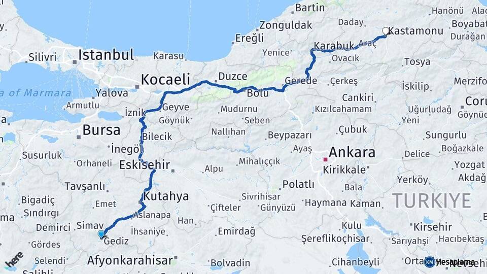 Kütahya Gediz Kastamonu Arası Kaç Km - Yol Haritası