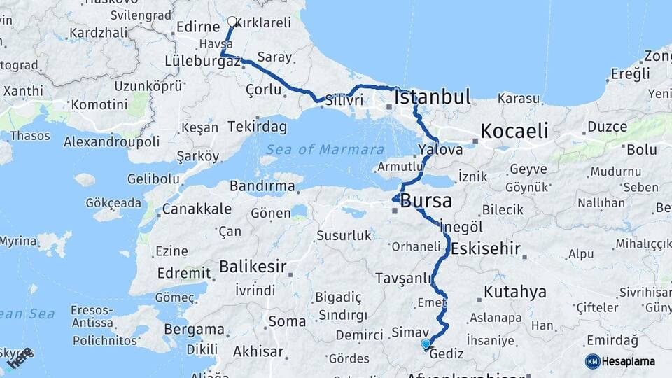 Kütahya Gediz Kırklareli Arası Kaç Km - Yol Haritası