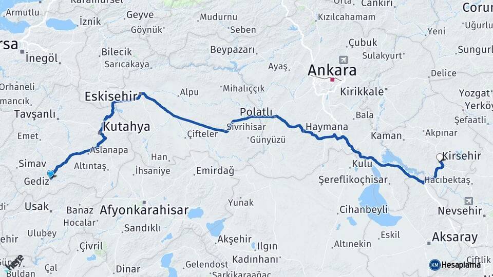 Kütahya Gediz Kırşehir Arası Kaç Km - Yol Haritası