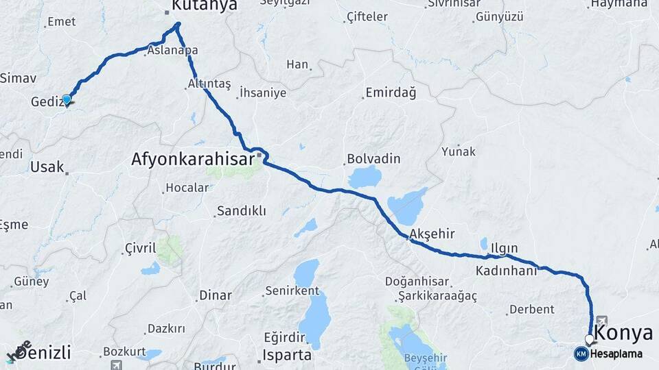 Kütahya Gediz Konya Arası Kaç Km - Yol Haritası