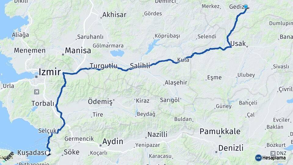 Kütahya Gediz Kuşadası Aydın Arası Kaç Km - Yol Haritası