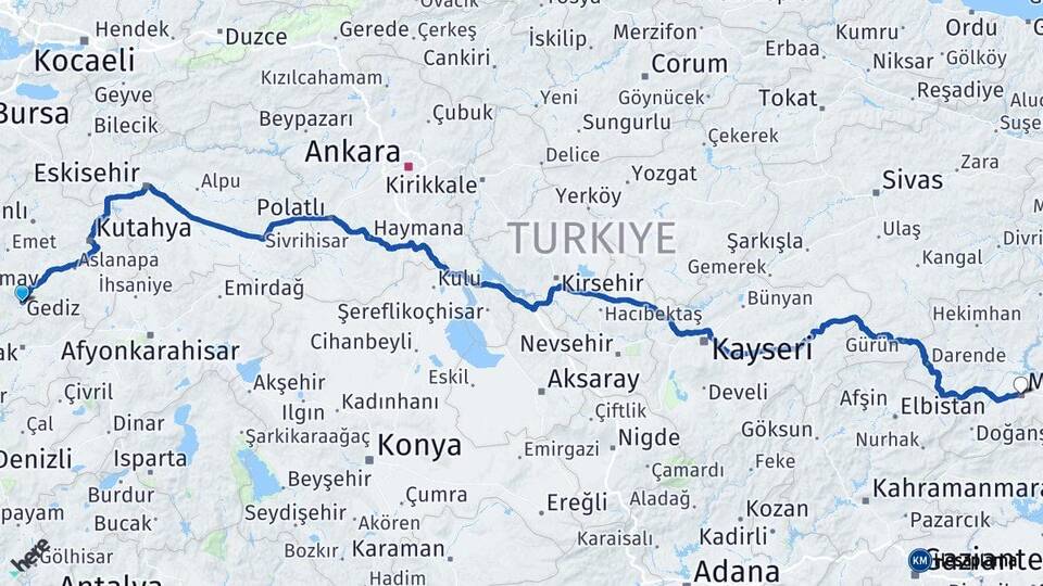 Kütahya Gediz Malatya Arası Kaç Km - Yol Haritası