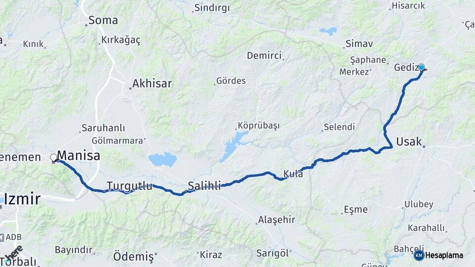 Kütahya Gediz Manisa Arası Kaç Km - Yol Haritası