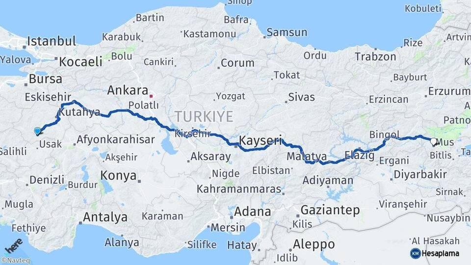 Kütahya Gediz Muş Arası Kaç Km - Yol Haritası