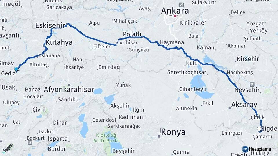 Kütahya Gediz Niğde Arası Kaç Km - Yol Haritası