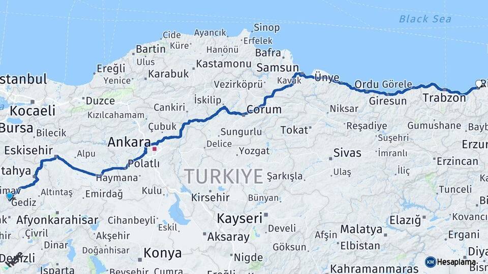 Kütahya Gediz Rize Arası Kaç Km - Yol Haritası