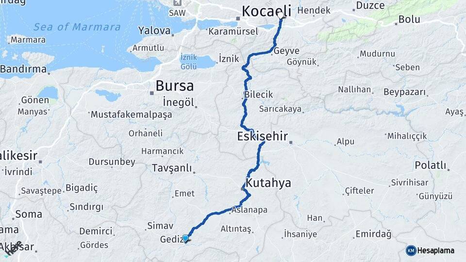 Kütahya Gediz Sakarya Arası Kaç Km - Yol Haritası