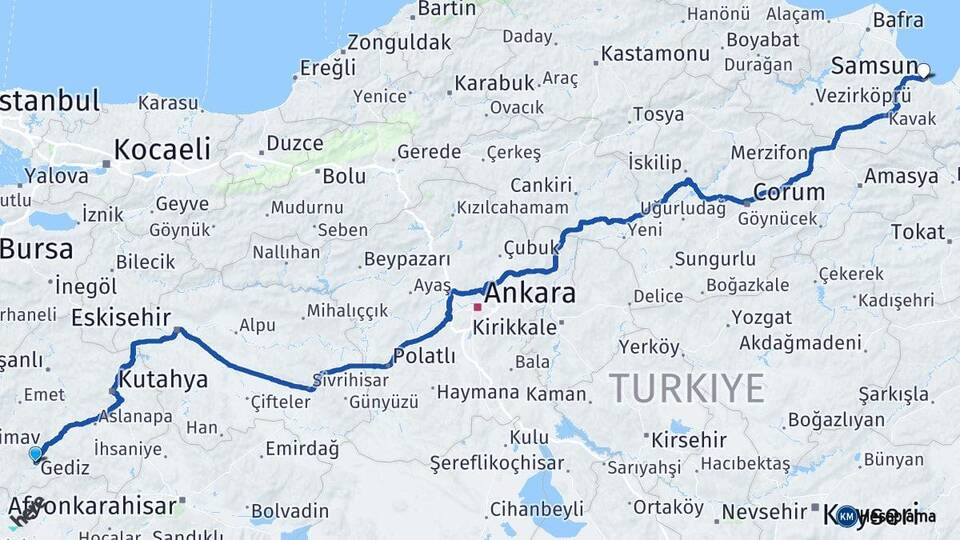 Kütahya Gediz Samsun Arası Kaç Km - Yol Haritası