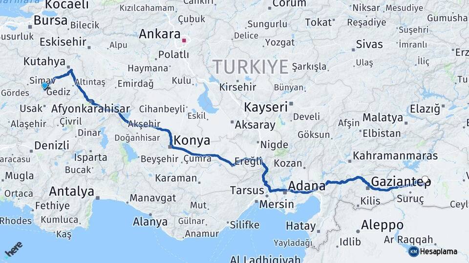 Kütahya Gediz Şanlıurfa Arası Kaç Km - Yol Haritası