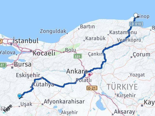 Kütahya Gediz Sinop Arası Kaç Km - Yol Haritası