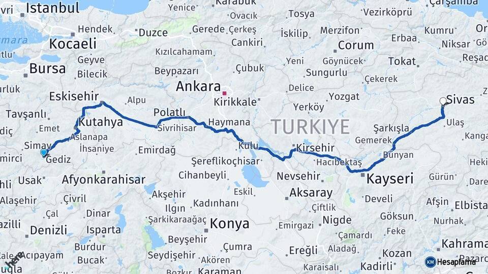 Kütahya Gediz Sivas Arası Kaç Km - Yol Haritası