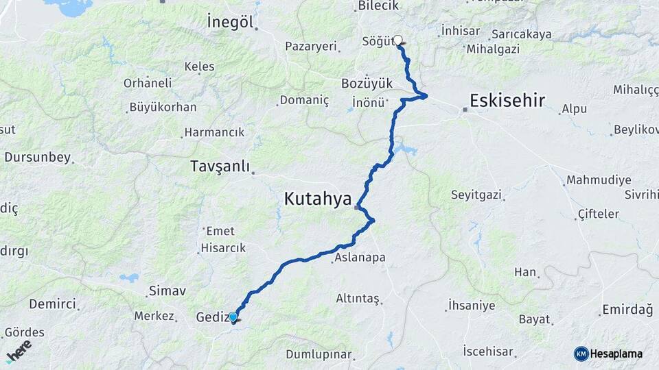 Kütahya Gediz Söğüt Bilecik Arası Kaç Km - Yol Haritası