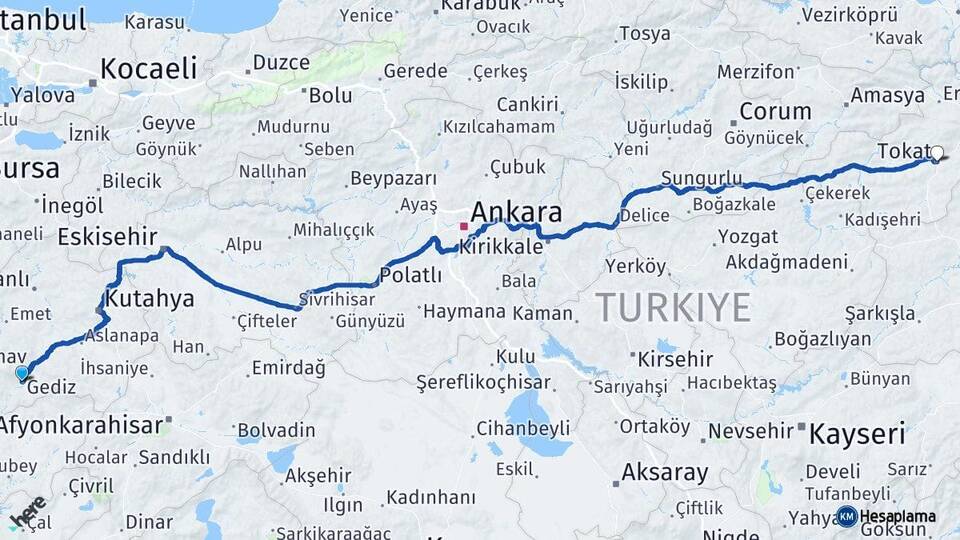 Kütahya Gediz Tokat Arası Kaç Km - Yol Haritası