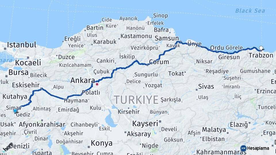 Kütahya Gediz Trabzon Arası Kaç Km - Yol Haritası