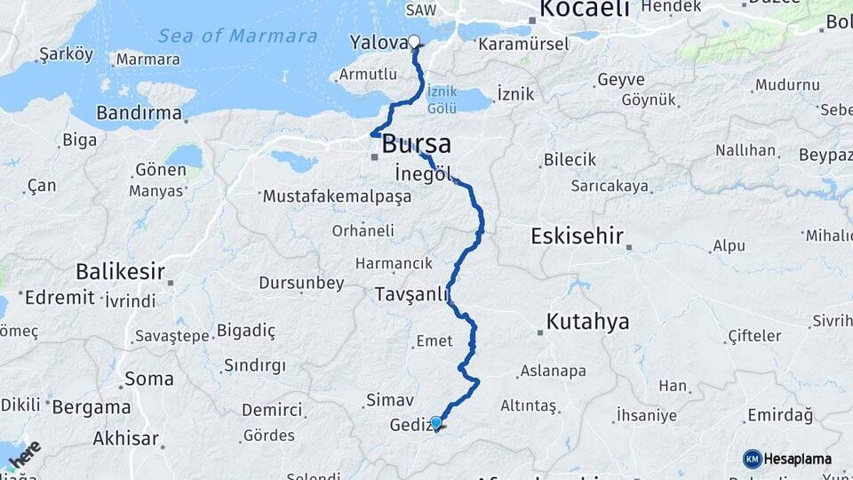 Kütahya Gediz Yalova Arası Kaç Km - Yol Haritası