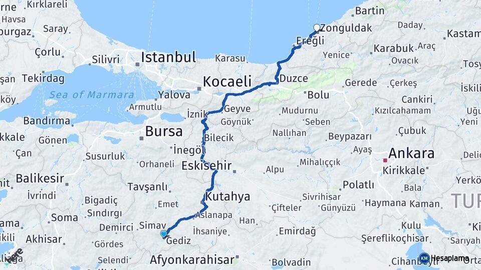 Kütahya Gediz Zonguldak Arası Kaç Km - Yol Haritası