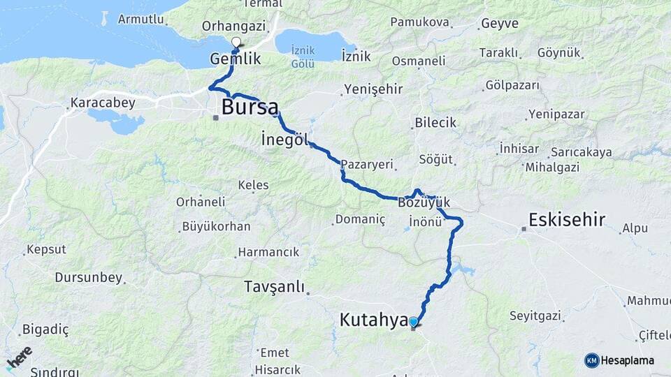 Kütahya Gemlik Bursa Arası Kaç Km - Yol Haritası