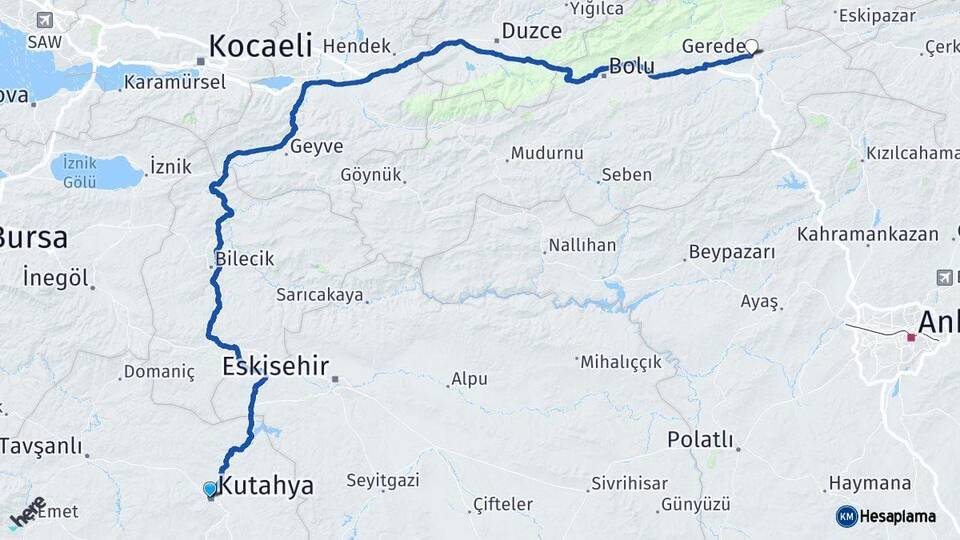 Kütahya Gerede Bolu Arası Kaç Km - Yol Haritası