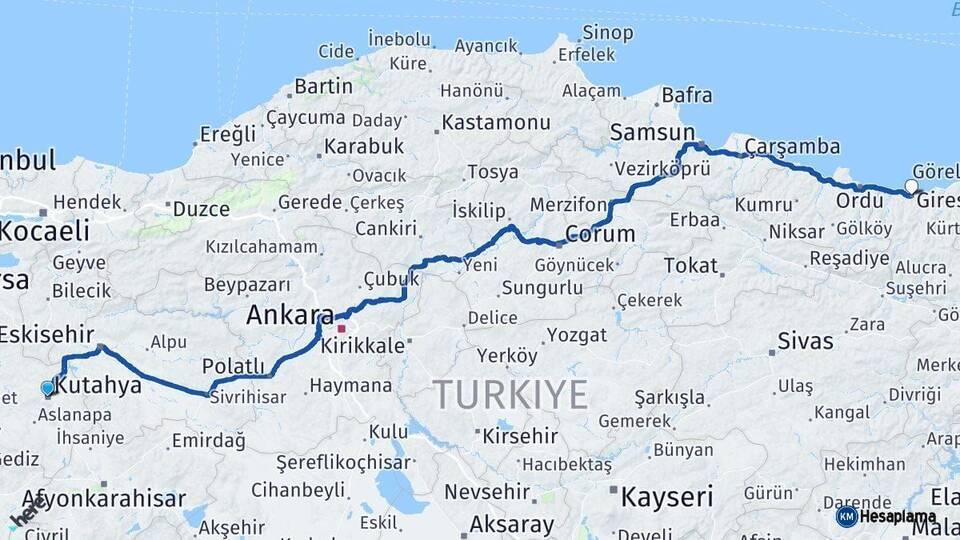 Kütahya Giresun Arası Kaç Km - Yol Haritası
