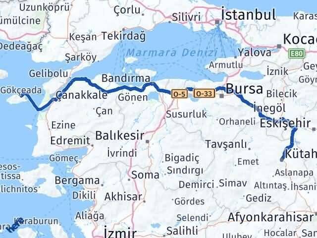 Kütahya Gökçeada Çanakkale Arası Kaç Km - Yol Haritası